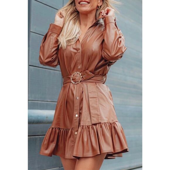 ZARA FAUX LEATHER MINI DRESS size XS Brown Belted Long Sleeve - Picture 1 of 12